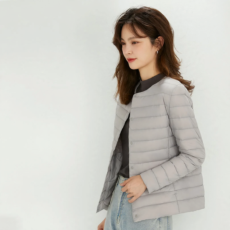 Light women's down jacket with 90% white duck down filling