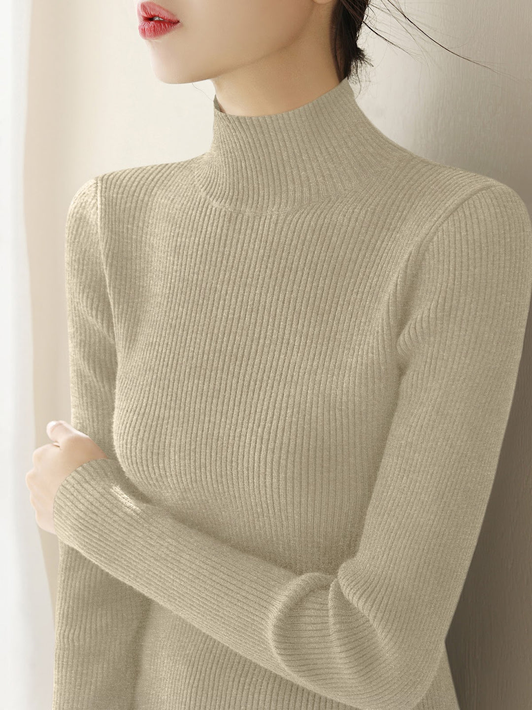 Women's wool knit pullover with half standing collar