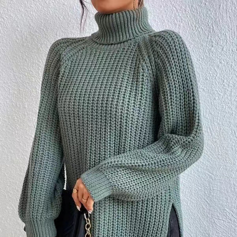 Women's knitted pullover, mid-length with high collar