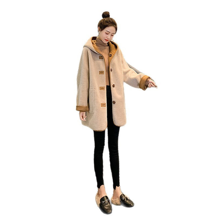 Reversible women's wool coat with hood