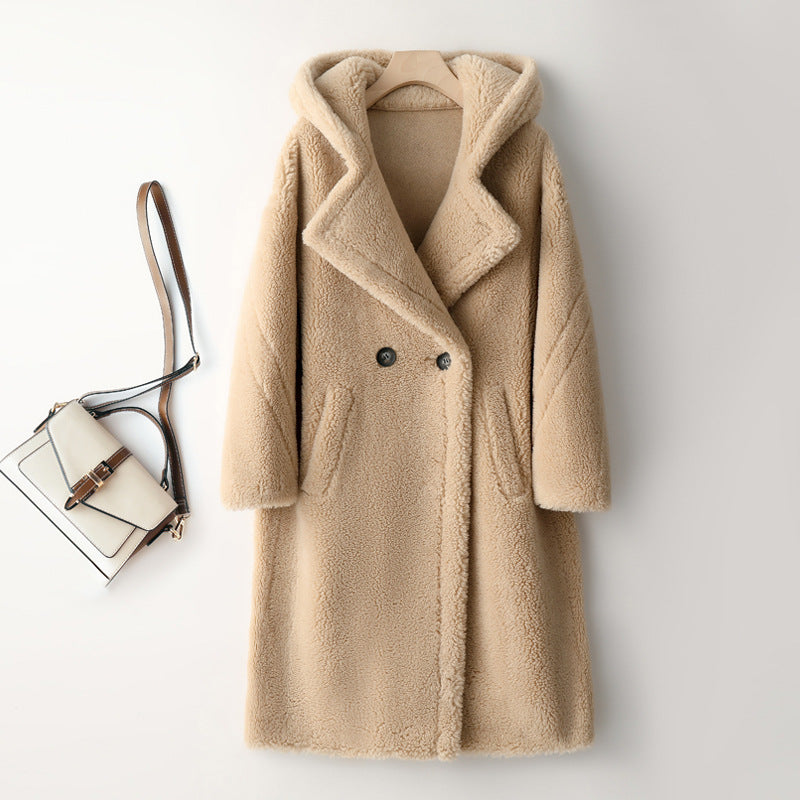 Long Teddy coat made of lambswool imitation for women