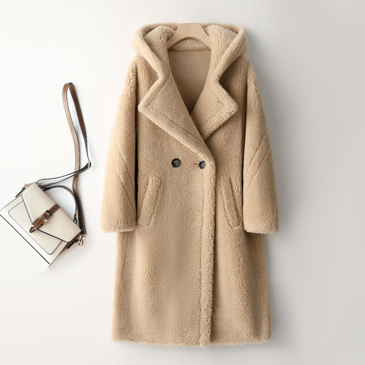 Long Teddy coat made of lambswool imitation for women