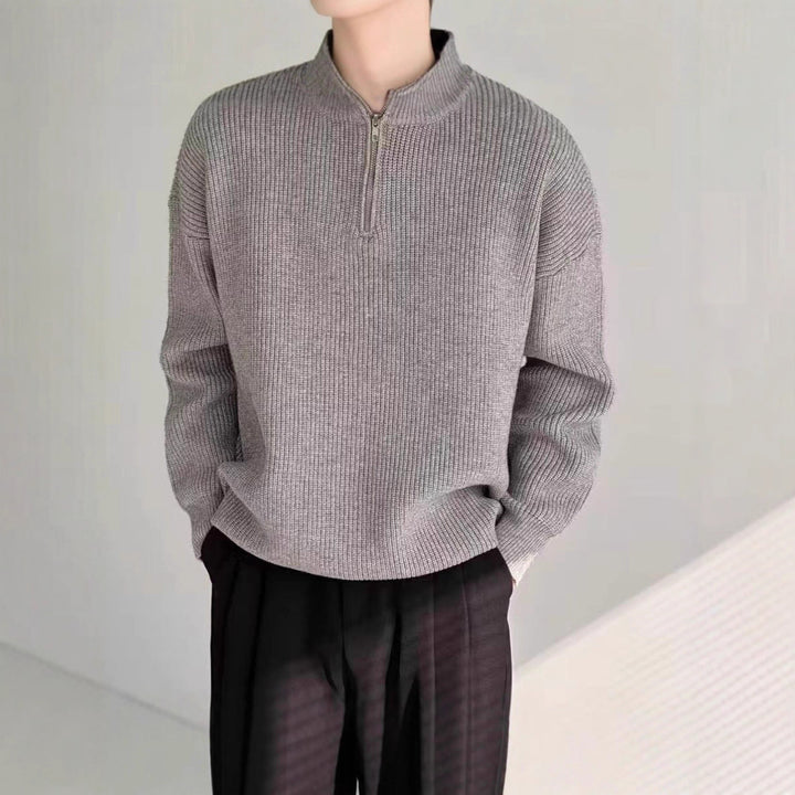 Men's knit sweater with stand-up collar and zipper