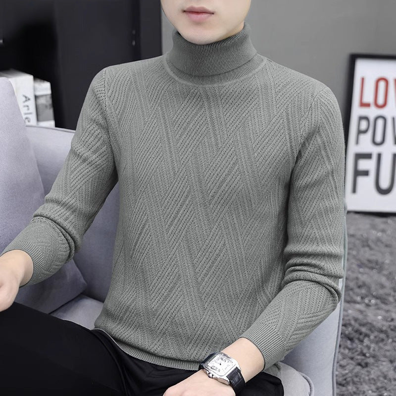 Men's knit pullover with cable pattern and turtleneck