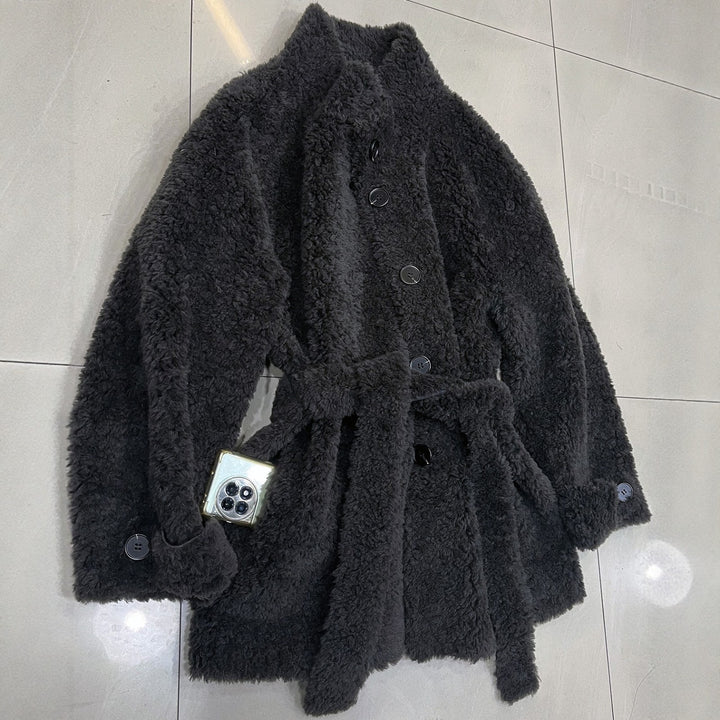 Sheepskin coat with tie belt