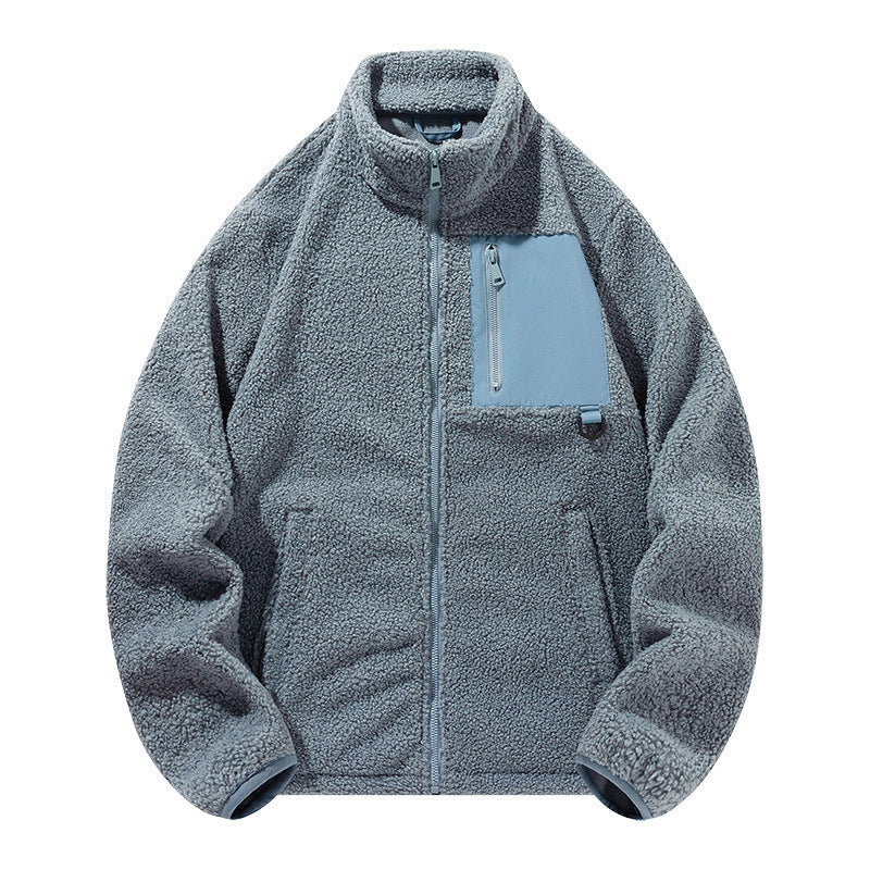 Unisex fleece jacket with stand-up collar and pockets