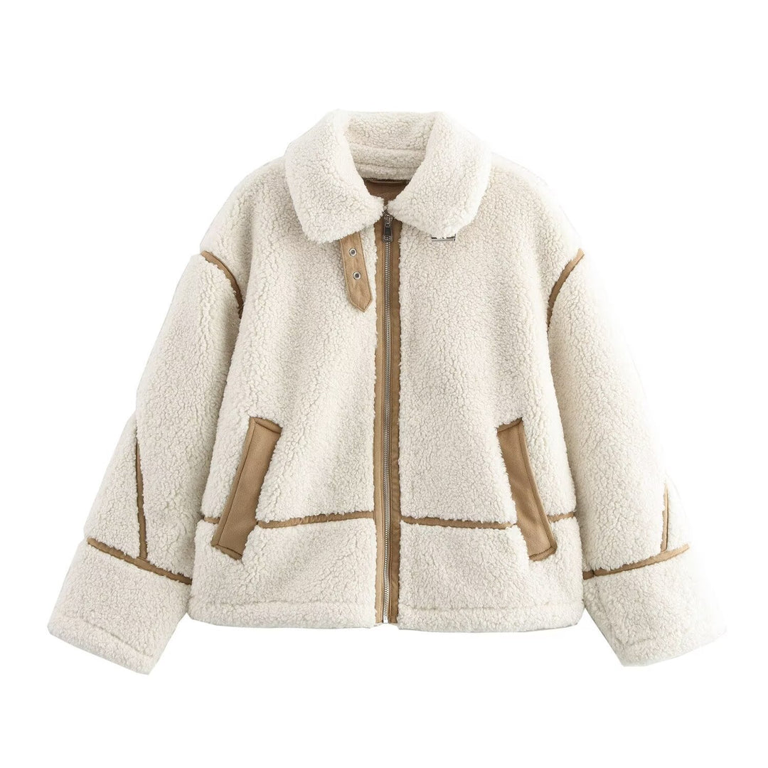 Fashionable patchwork jacket with lambskin look