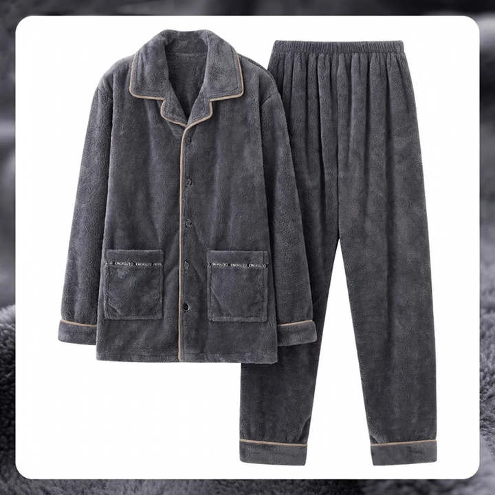 Men's Flannel Pajama Set, Embroidered, Simple