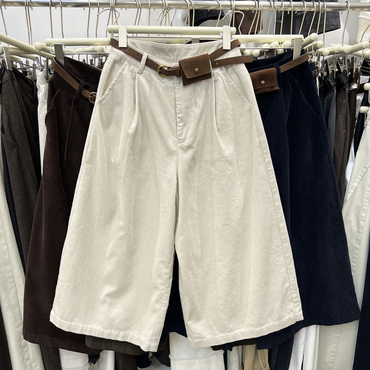 Women's corduroy pants, knee-length, with belt pocket