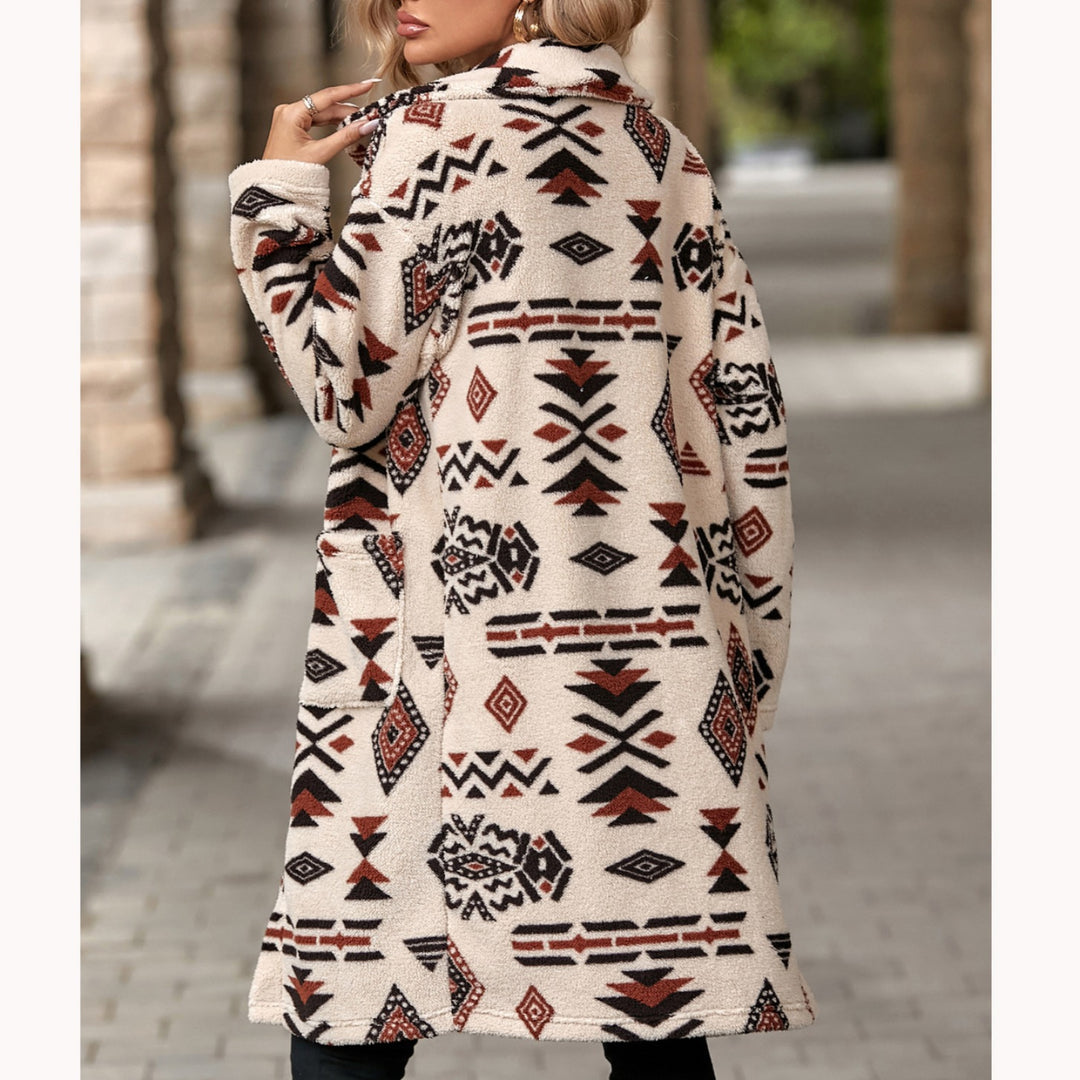 Women's coat with ethnic print, long, buttoned