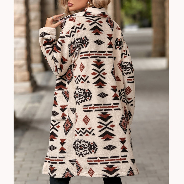 Women's coat with ethnic print, long, buttoned