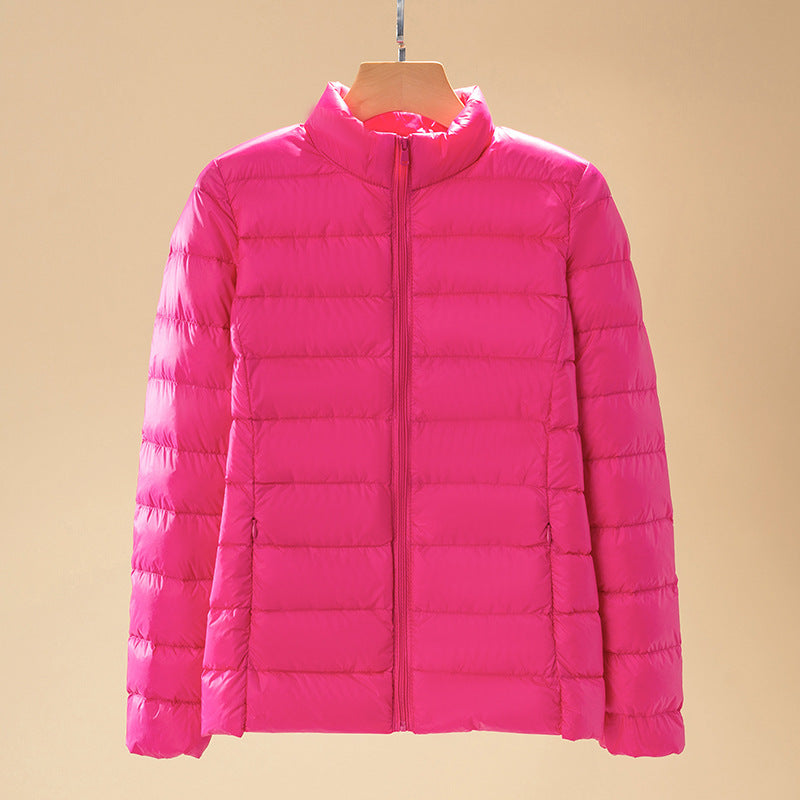 Short women's down jacket with stand-up collar
