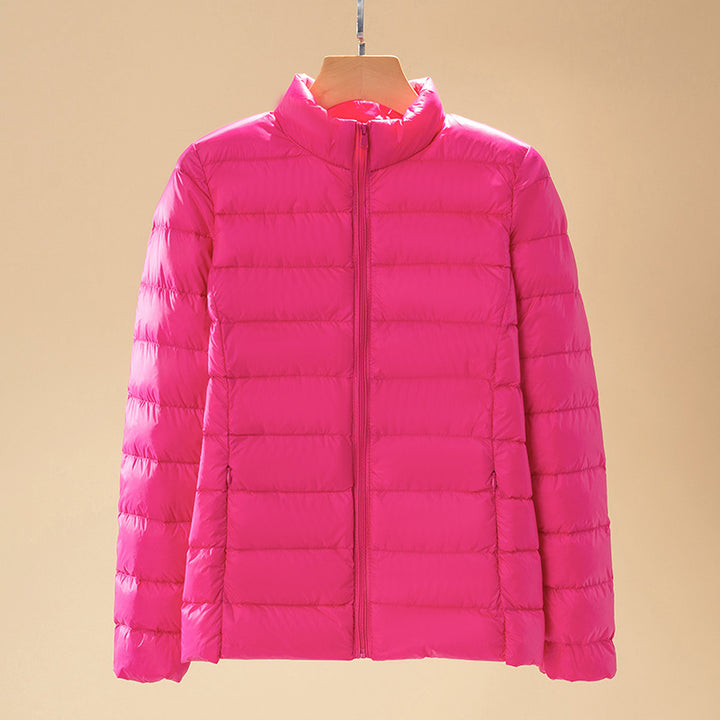 Short women's down jacket with standing collar