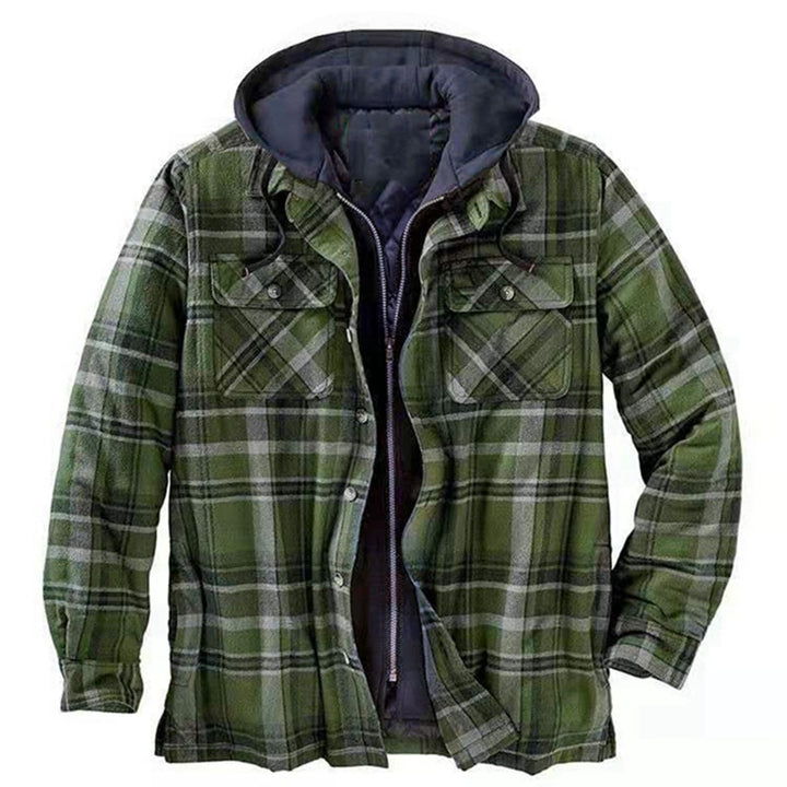 Men's shirt jacket, padded, checkered, with hood