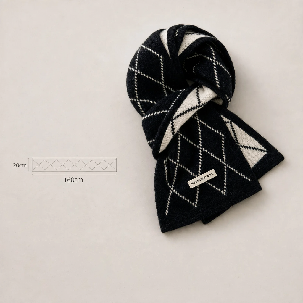 Merino wool scarf with diamond pattern, 20x160 cm