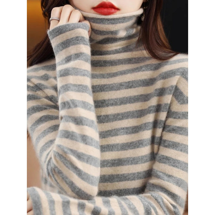 Ladies' knitted sweater, striped, stand-up collar