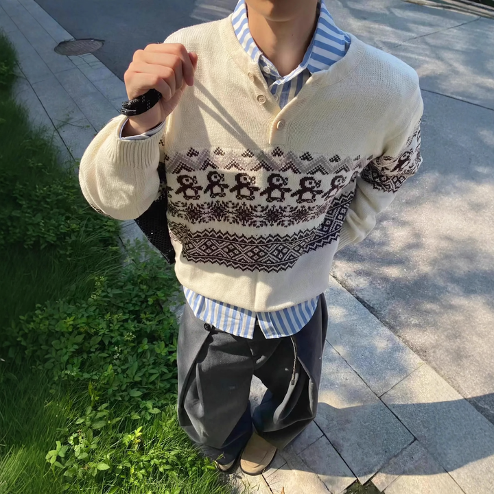 Unisex knitted sweater with fair isle pattern and button placket