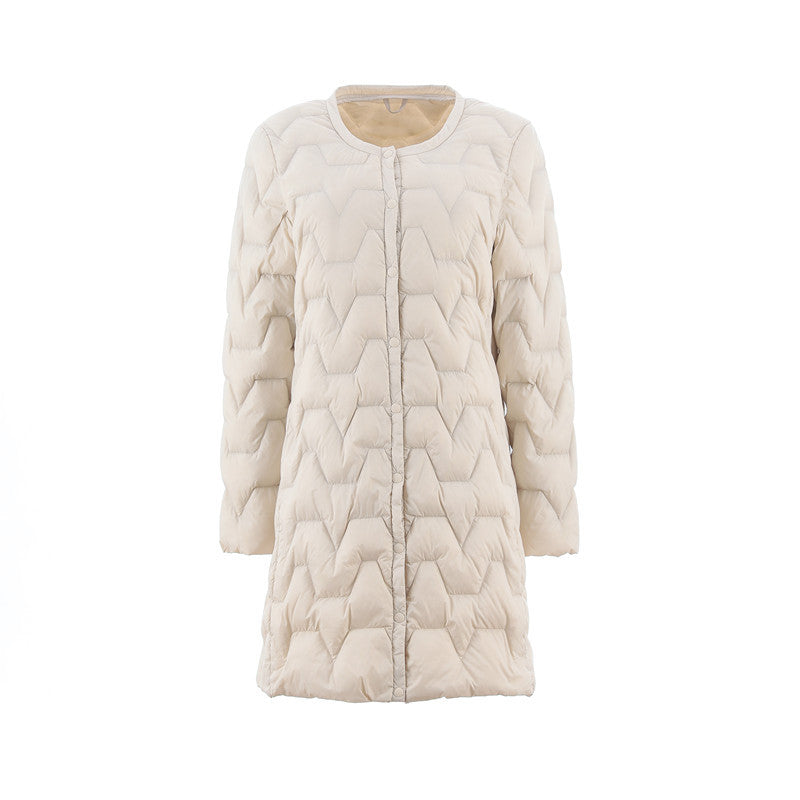 Light, mid-length down jacket, collarless