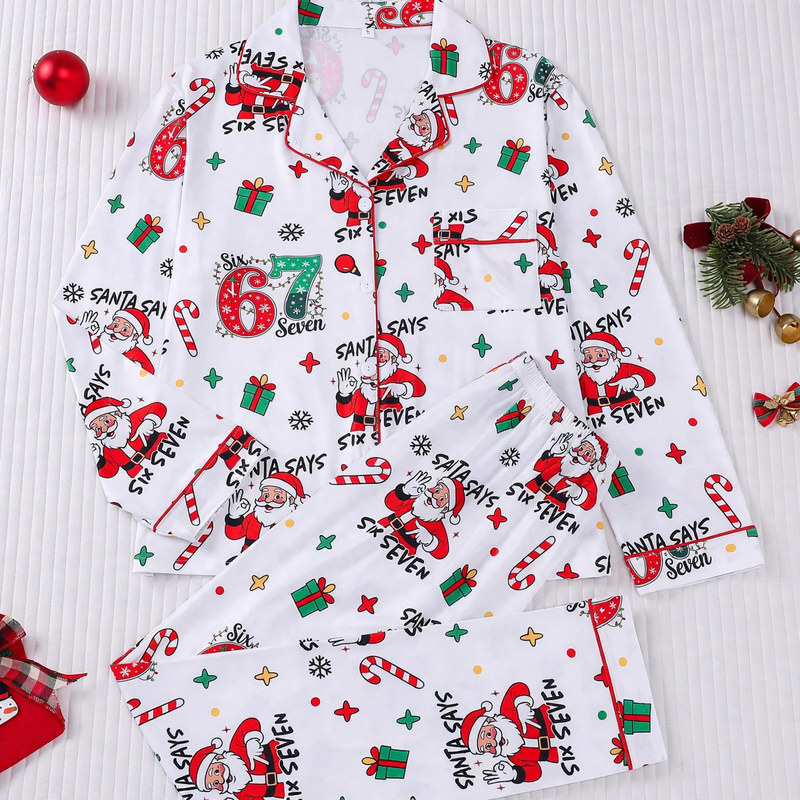 Women's Pajama Set, Long Sleeve, Christmas Motif, Notched Collar