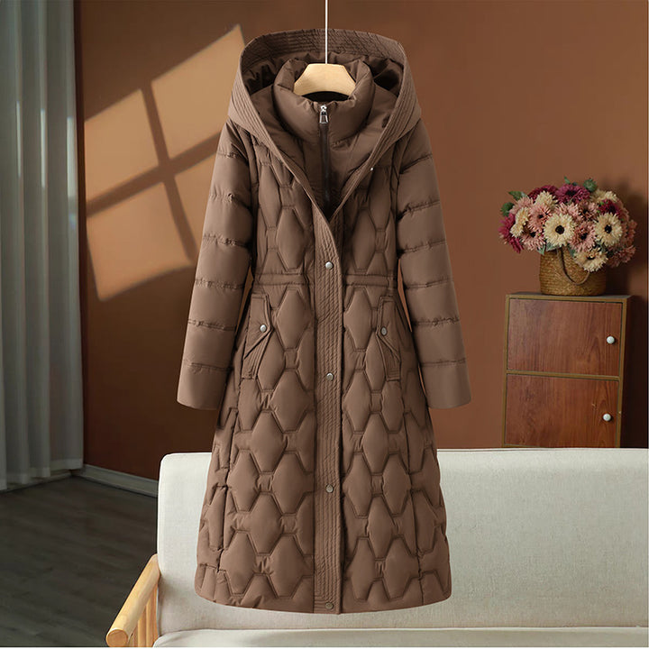 Long women's quilted coat with waistline