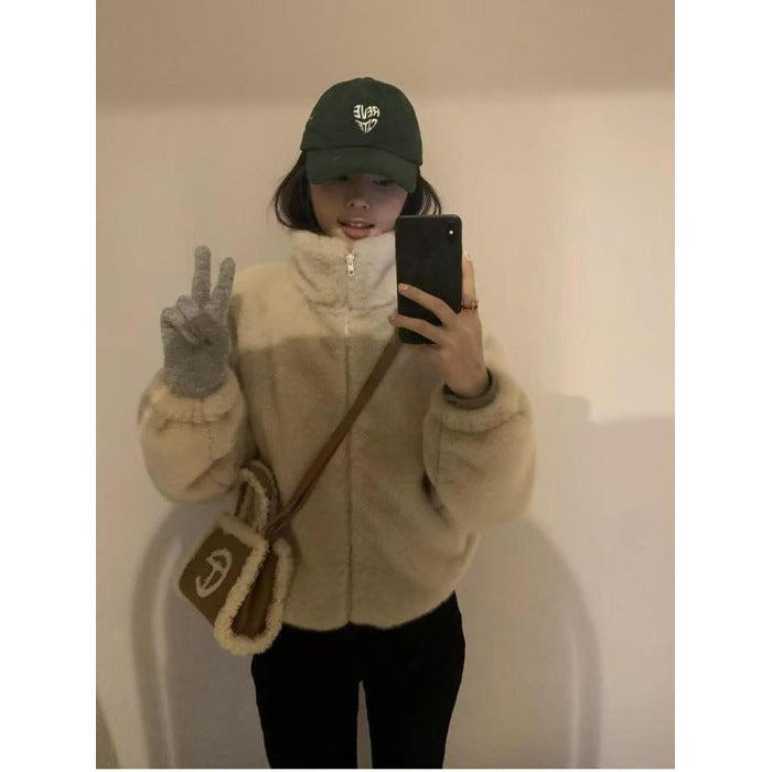 Compact lamb fleece imitation coat with zipper