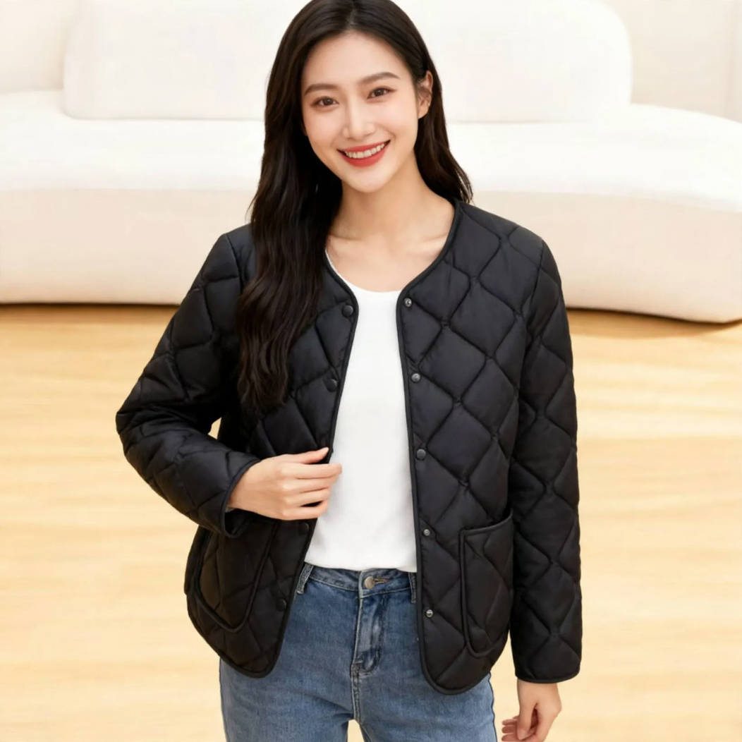 Women's quilted jacket, lightweight, fitted, with V-neck