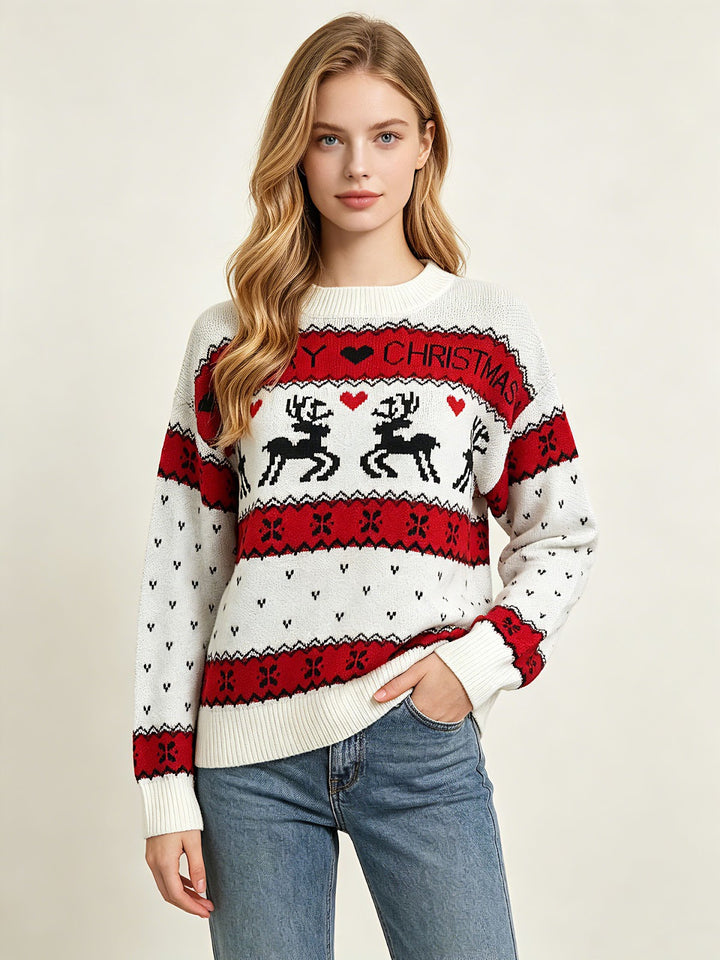 Loose Women's Christmas Sweater with Reindeer Jacquard