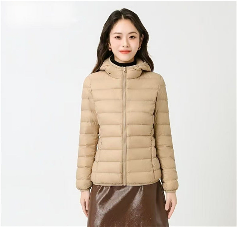 Women's down jacket, short, with hood, lightweight and warm