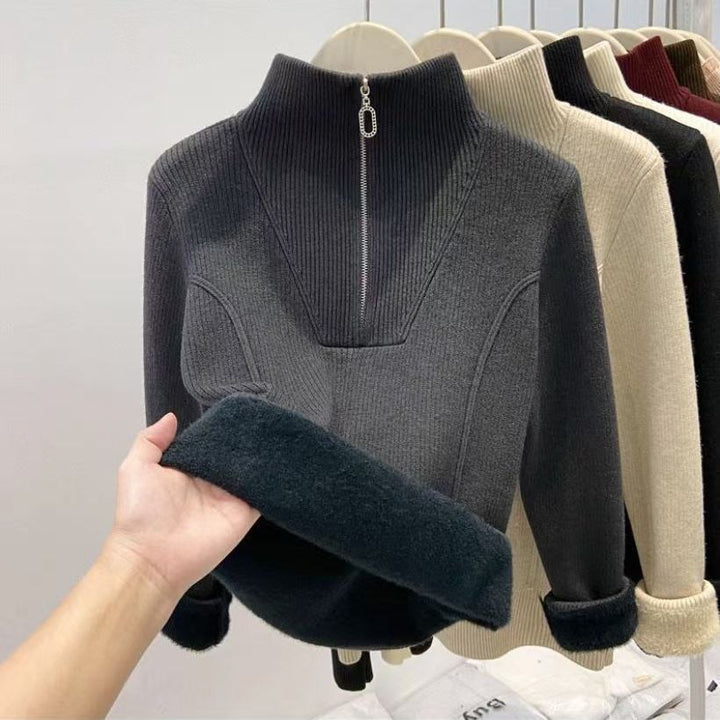 Ladies' sweater with stand-up collar and fleece lining