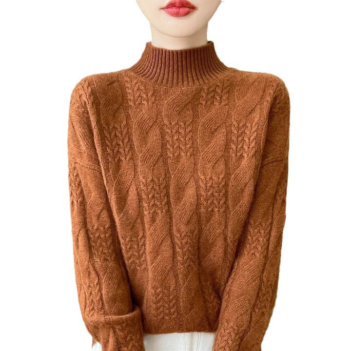 Women's Knit Sweater, Stand-up Collar, Cable Pattern, 3D Look