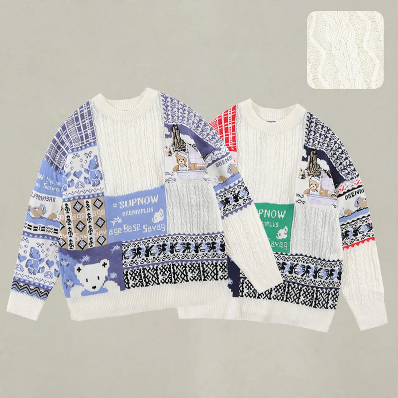 Retro knitted sweater with cable pattern and bear design