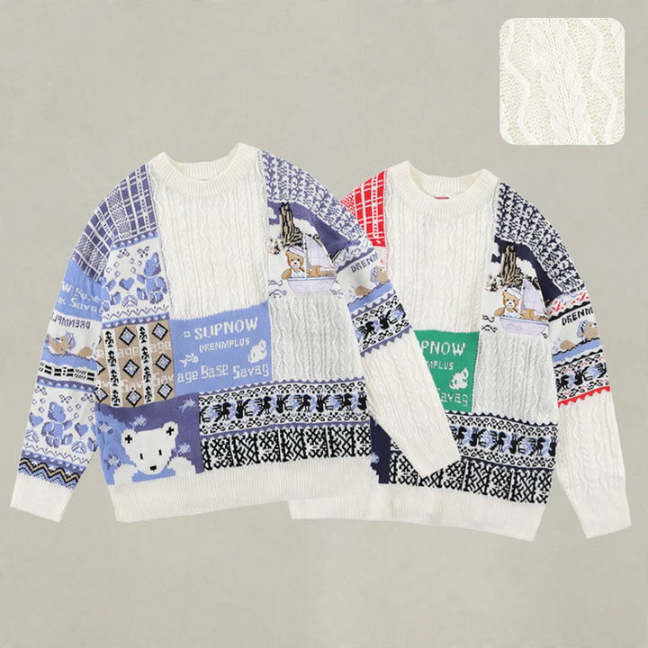 Retro knitted sweater with cable pattern and bear design