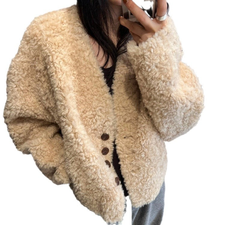 Women's short coat, lambskin look, V-neck