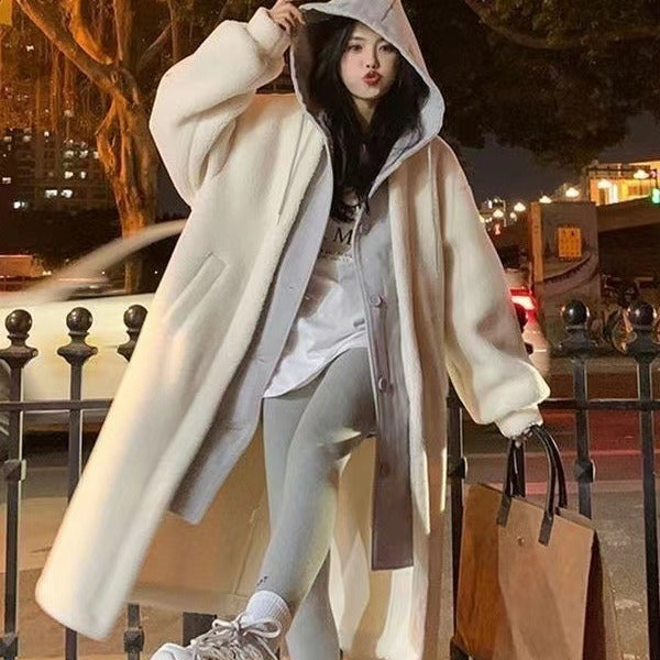 Lamb fleece imitation coat with hood, mid-length, padded