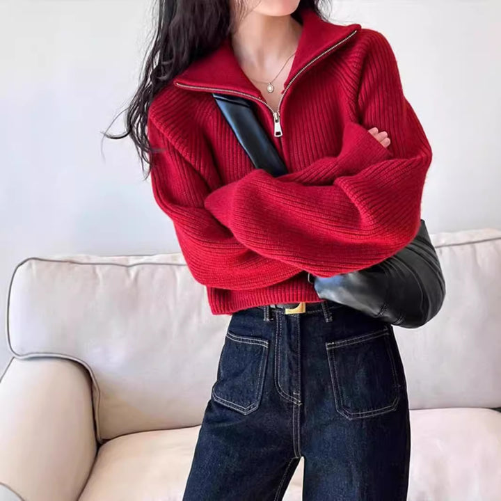American retro knit sweater with half zipper