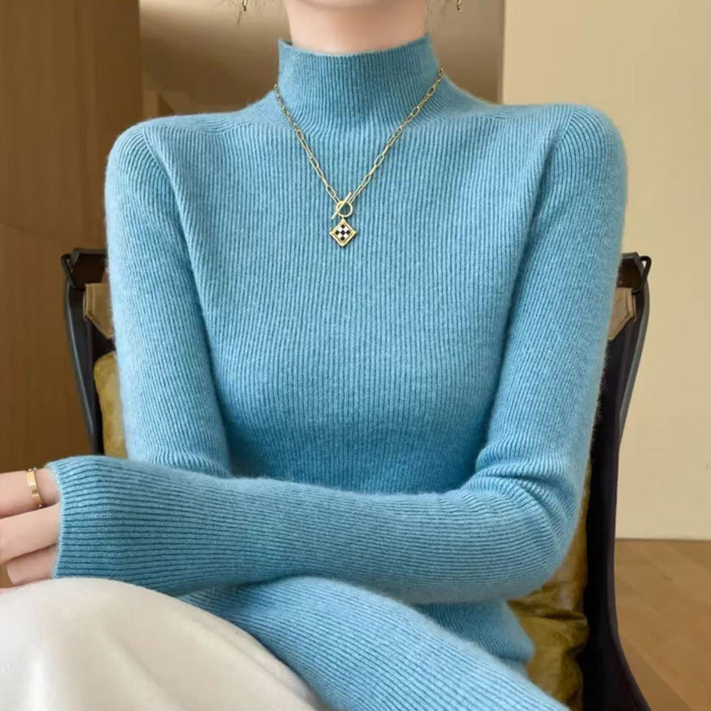 Women's knitted pullover with stand-up collar, fitted