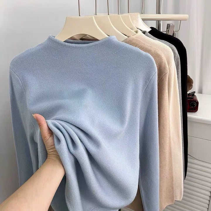 Women's knit pullover with stand-up collar, soft material