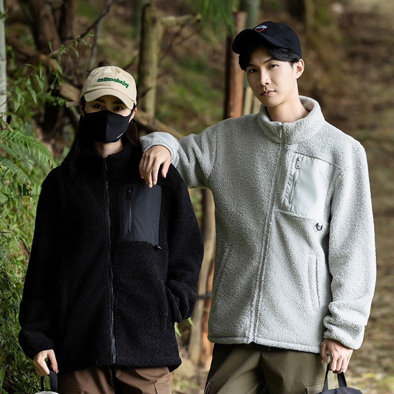 Unisex fleece jacket with stand-up collar and pockets