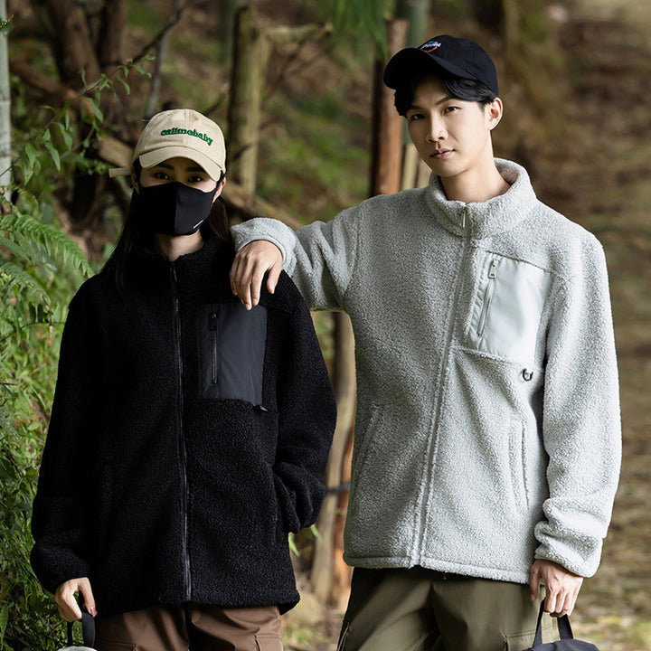 Unisex fleece jacket with stand-up collar and pockets