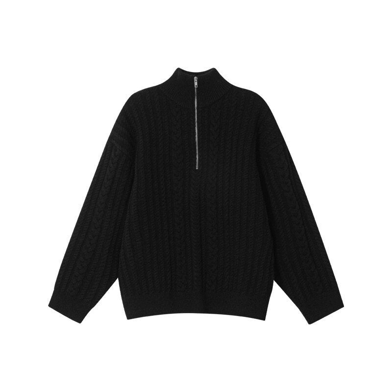 Women's knit pullover with zipper and rib pattern