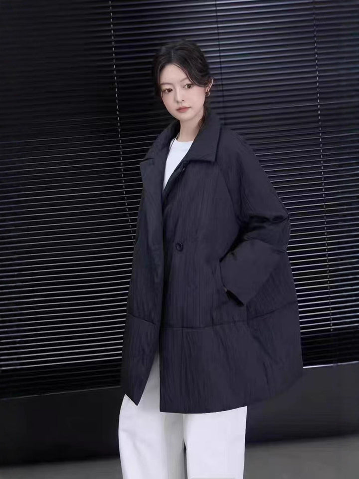 Mid-length down jacket with lapels, white duck down
