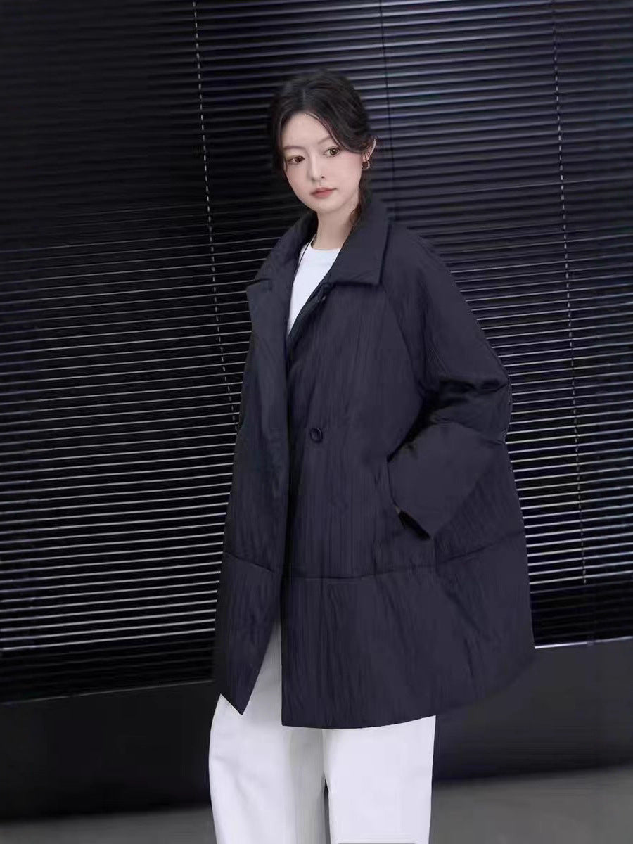 Mid-length down jacket with lapels, white duck down
