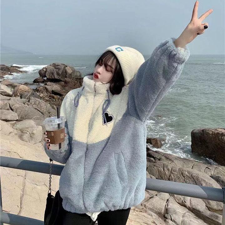 Lamb fleece jacket for women, loose fit, patchwork design