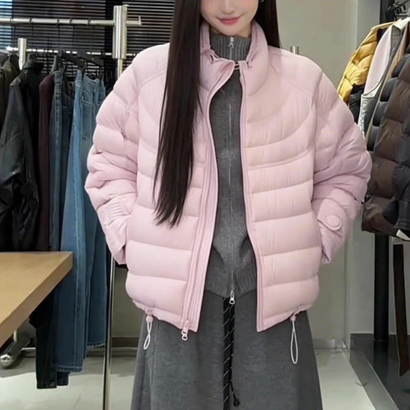 Short women's down jacket with standing collar