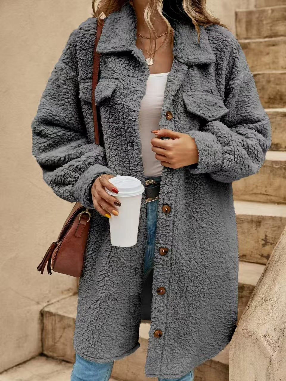 Long faux fur coat with lapels, various sizes