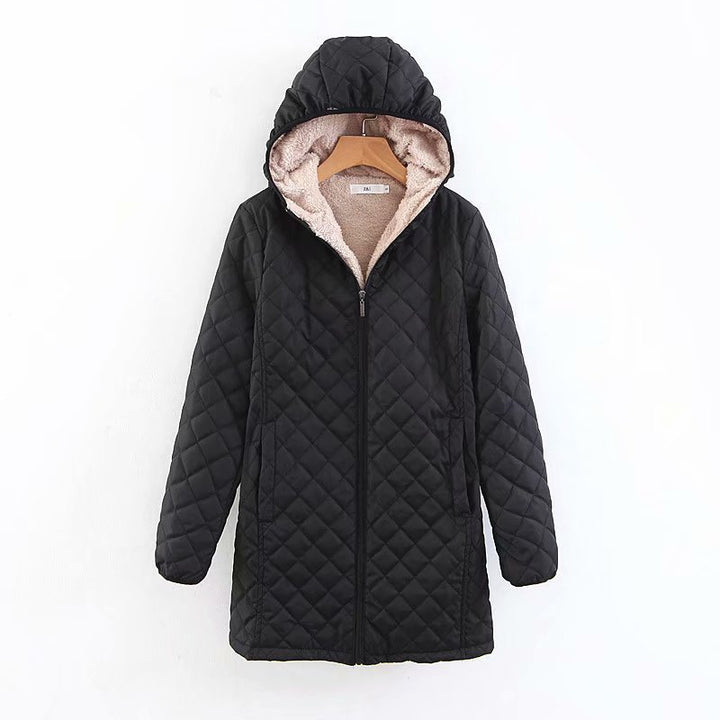 Women's quilted coat with hood and lambskin look