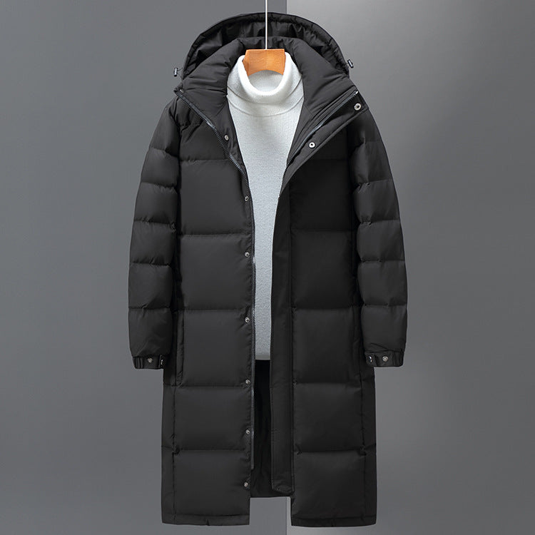 Long, padded men's down jacket with hood