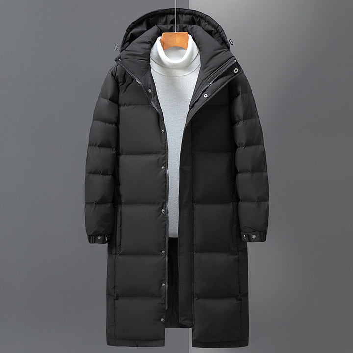 Long, padded men's down jacket with hood