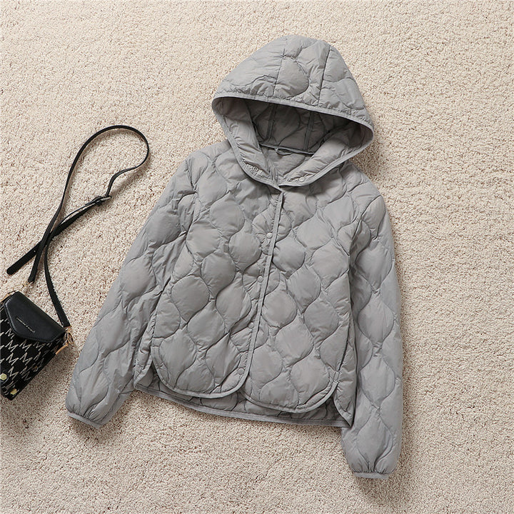 Light women's down jacket, short, with hood