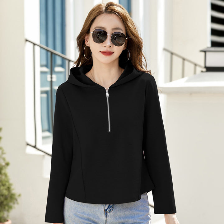 Women's hooded sweatshirt with zipper and stand-up collar